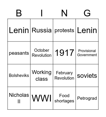 The Bolsheviks Take Control Bingo Card