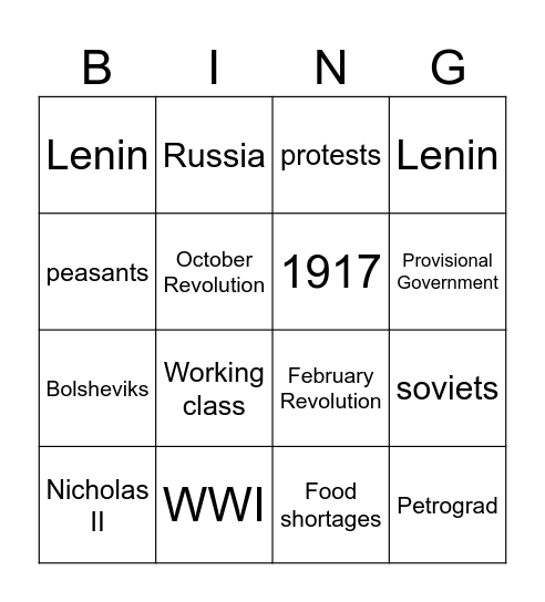 The Bolsheviks Take Control Bingo Card