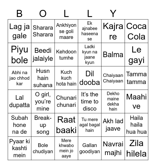 BOLLYWOOD SONG BINGO Card