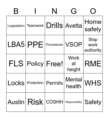 RME safety Bingo Card