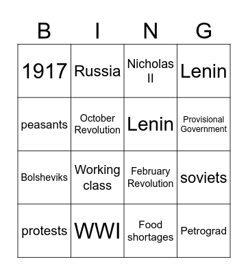 The Bolsheviks Take Control Bingo Card