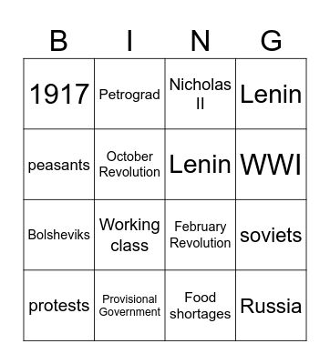The Bolsheviks Take Control Bingo Card
