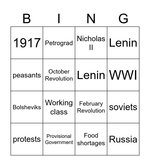 The Bolsheviks Take Control Bingo Card