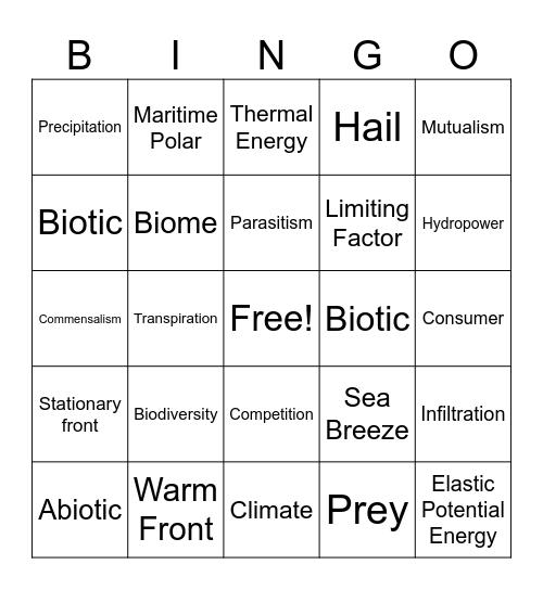 6th Grade Science Review Bingo Card