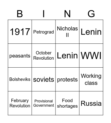 The Bolsheviks Take Control Bingo Card