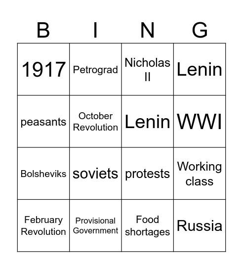 The Bolsheviks Take Control Bingo Card