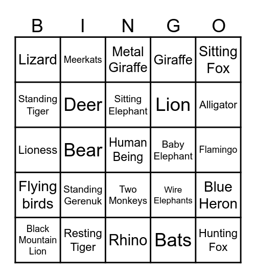 Waco Sculpture Zoo Bingo Card