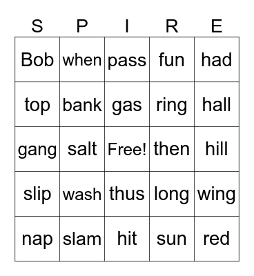 SPIRE Level 2 lesson 2.3a Bingo Card