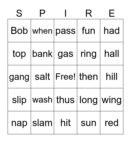 SPIRE Level 2 lesson 2.3a Bingo Card