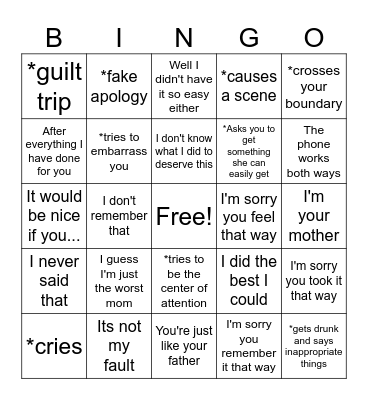 Narcissistic Mom Bingo Card