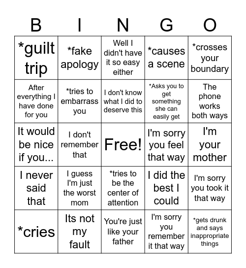 Narcissistic Mom Bingo Card