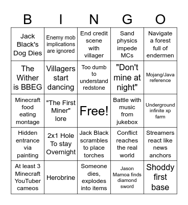 Minecract Movie: Jack Black's Boogaloo Bingo Card