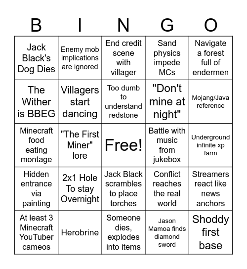 Minecract Movie: Jack Black's Boogaloo Bingo Card