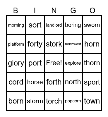 Lesson 77 - Words with -or and -ore Bingo Card