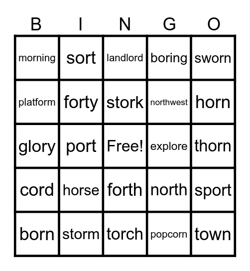 Lesson 77 - Words with -or and -ore Bingo Card