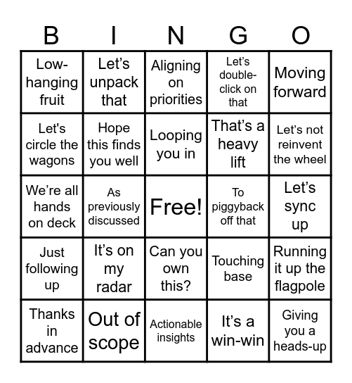 Workplace Slang Bingo Card