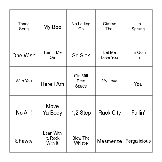 2000's Hip Hop and R&B Bingo Card