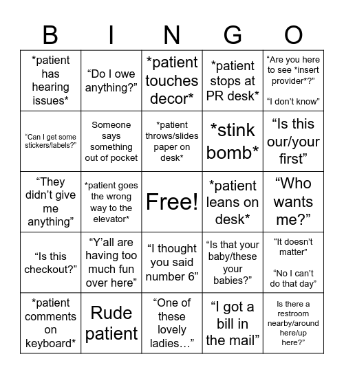 Jackson Clinic Front Office Bingo Card