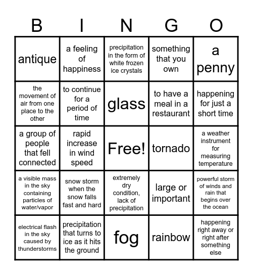 Start Up 4: Weather Vocabulary Bingo Card
