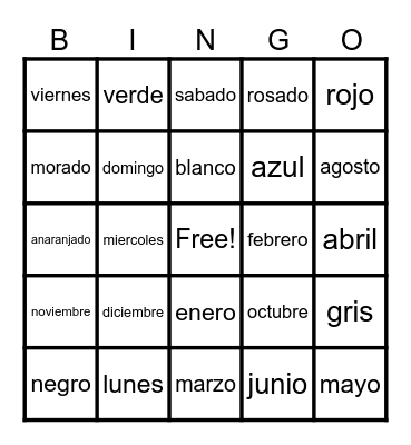 Spanish Days & Months Bingo Card