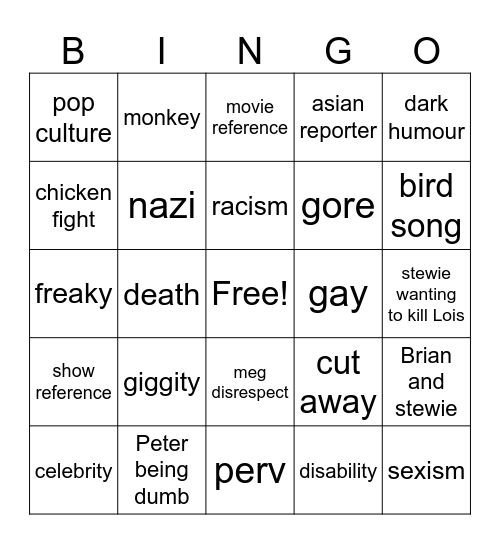family guy Bingo Card