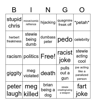 family guy Bingo Card