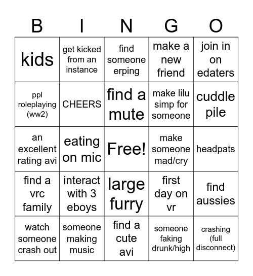VRCHAT Bingo Card