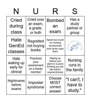 Nursing School Bingo Card