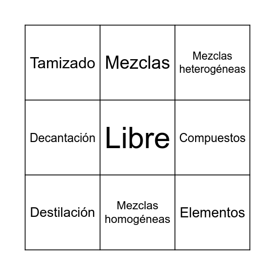 Mezclas y su separación Bingo Card