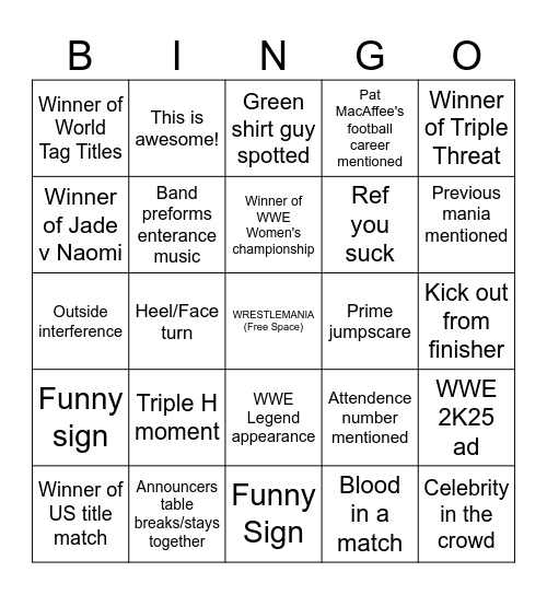Wrestlemania 41 Bingo Card