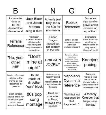 "A Minecraft Movie" Bingo Card