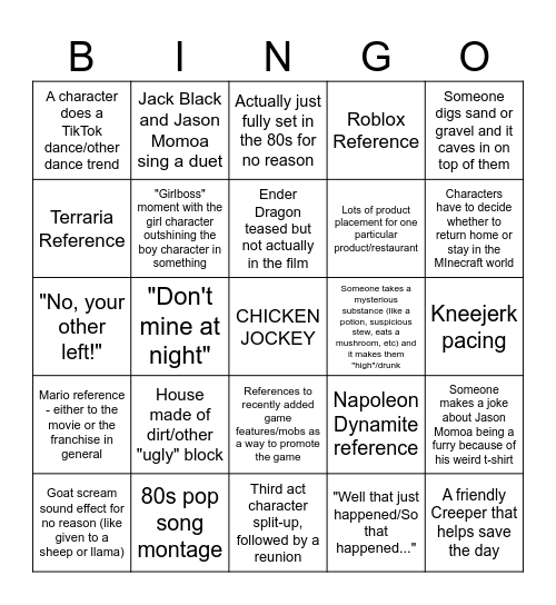 "A Minecraft Movie" Bingo Card