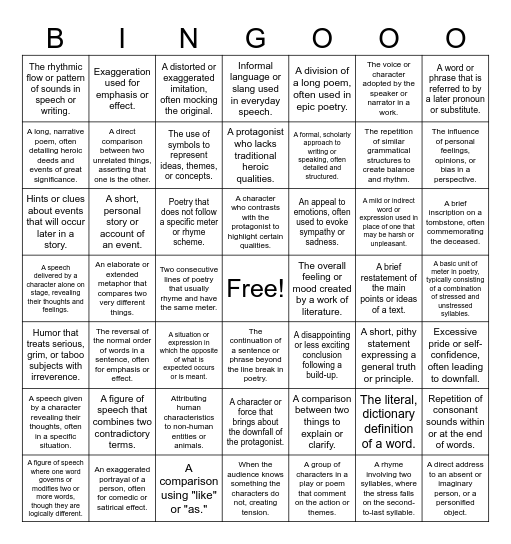 AP LIT VOCAB Bingo Card