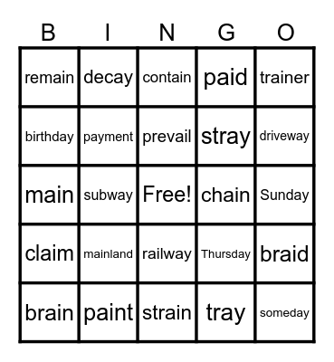 Lesson 84: ai, ay /ā/ Bingo Card