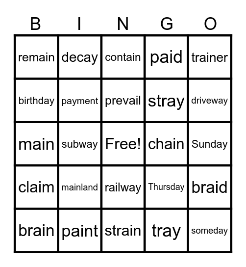 Lesson 84: ai, ay /ā/ Bingo Card