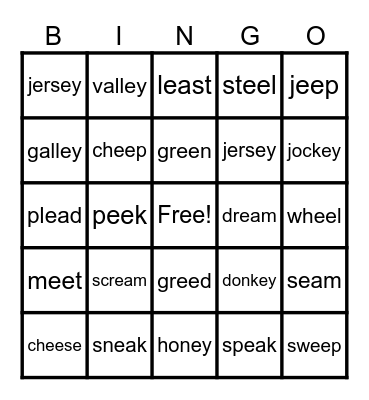Lesson 85: ee, ea, ey /ē/ Bingo Card