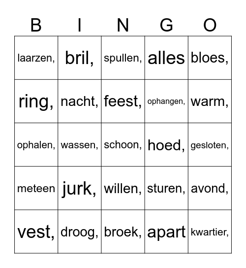 Kleding Bingo Card