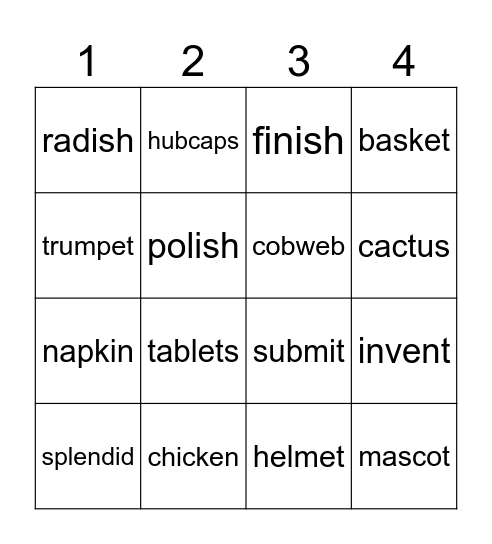 Brooks' Long Word Bingo Card