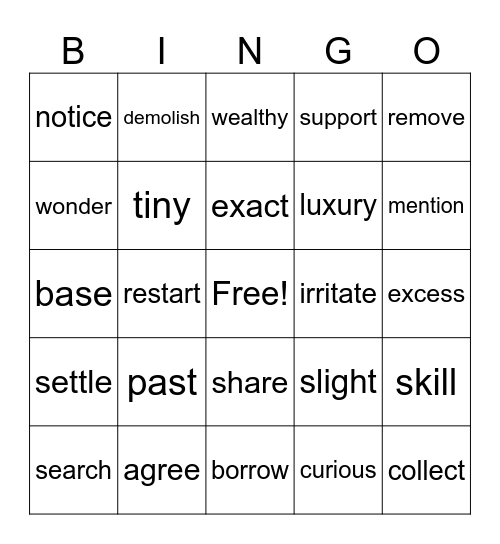 Vocabulary Bingo Card