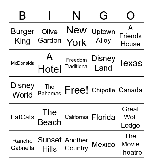 Destination Bingo Card