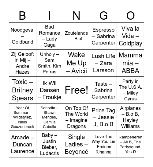 Muziekbingo Dames 2 Bingo Card