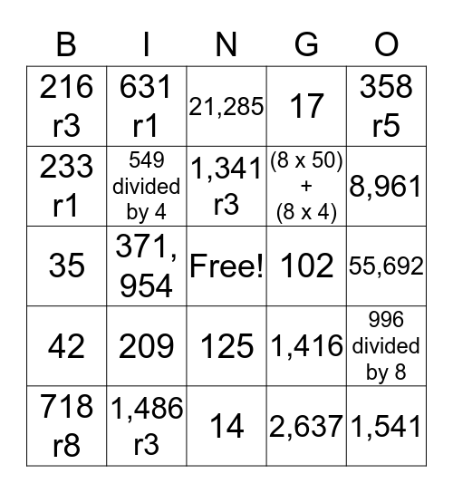 Spiral Review Multiplication & Division Bingo Card