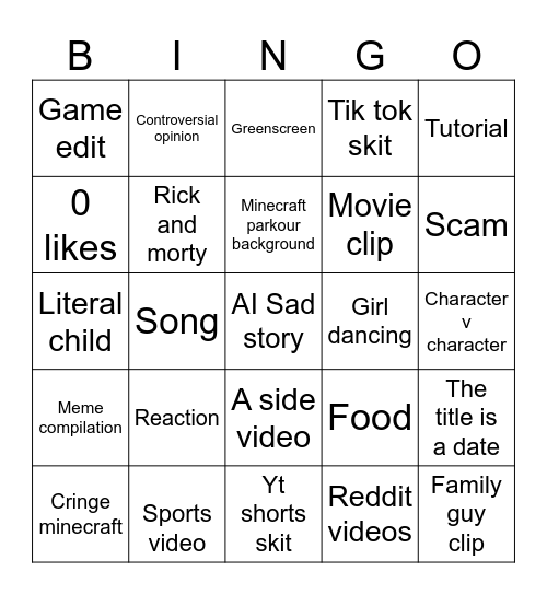 YouTube shorts Bingo Card