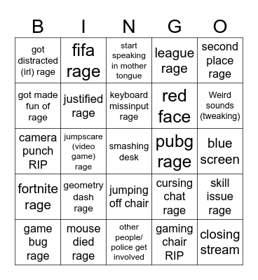 Gamer Rage comp. Bingo Card