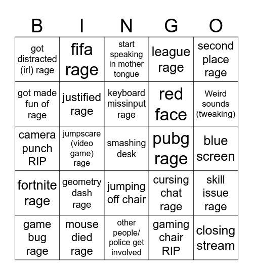 Gamer Rage comp. Bingo Card