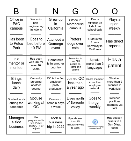 2025 Qemerge Leadership Month Networking Event Bingo Card