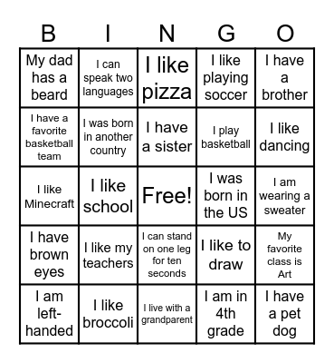 Self-Identity Bingo Card