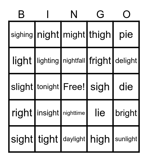 Lesson 87: ie, igh /ī/ Bingo Card