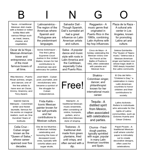 Latinx Heritage Bingo Card
