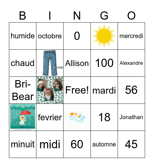 7th Grade Semester 2 A-7 Weather + Clothes Bingo Card
